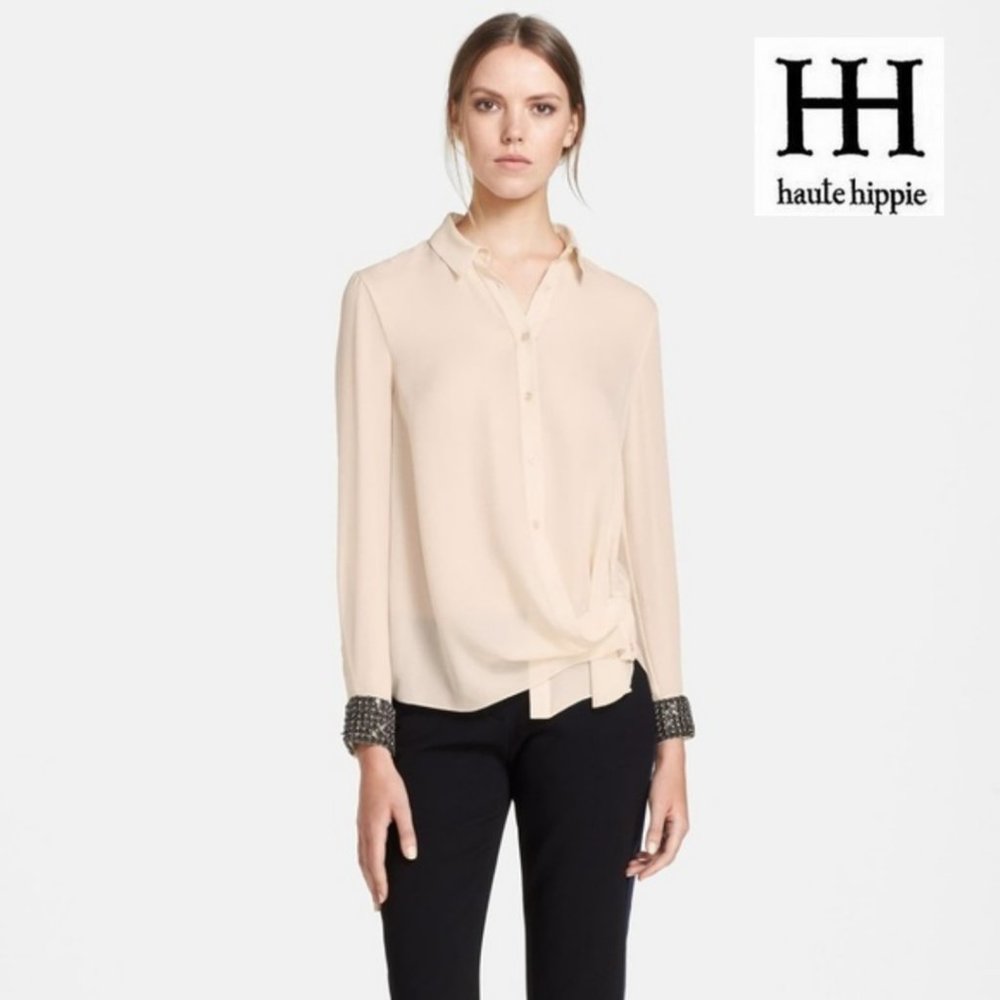 Haute Hippie Embellished Cuff Silk Blouse in Ivory